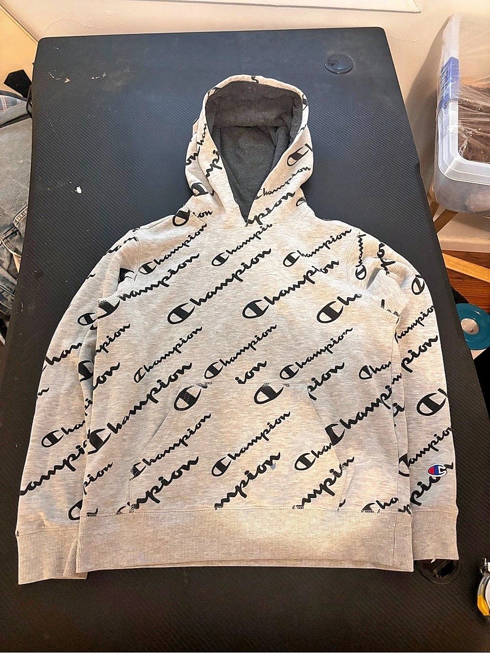 Champion All Over Print Script Logo Hoodie Gray Boys L